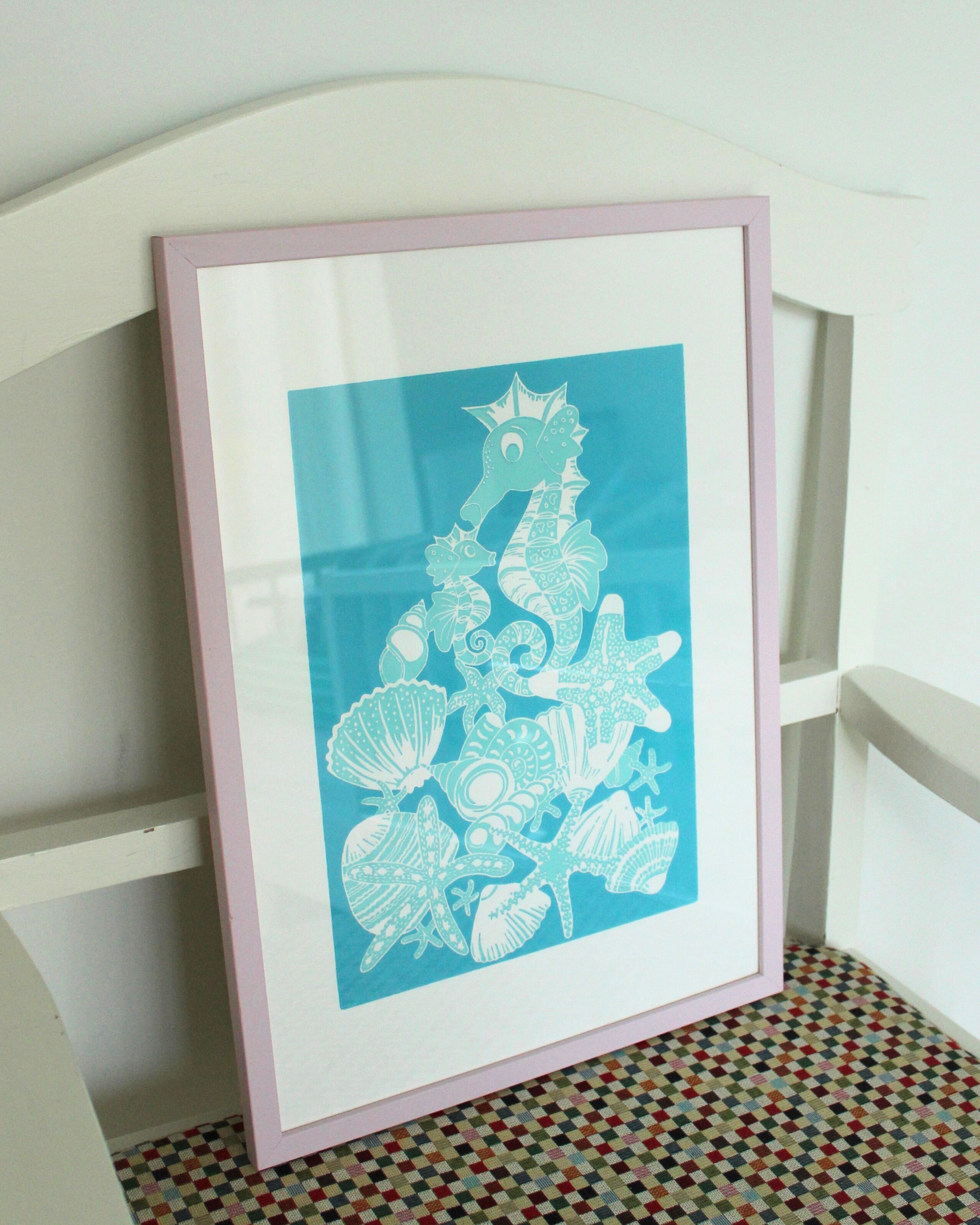 Søhestemor og baby, turkis og mintgrøn, A3