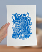 Søhesten, originalt linoleumstryk, flere farver, A4