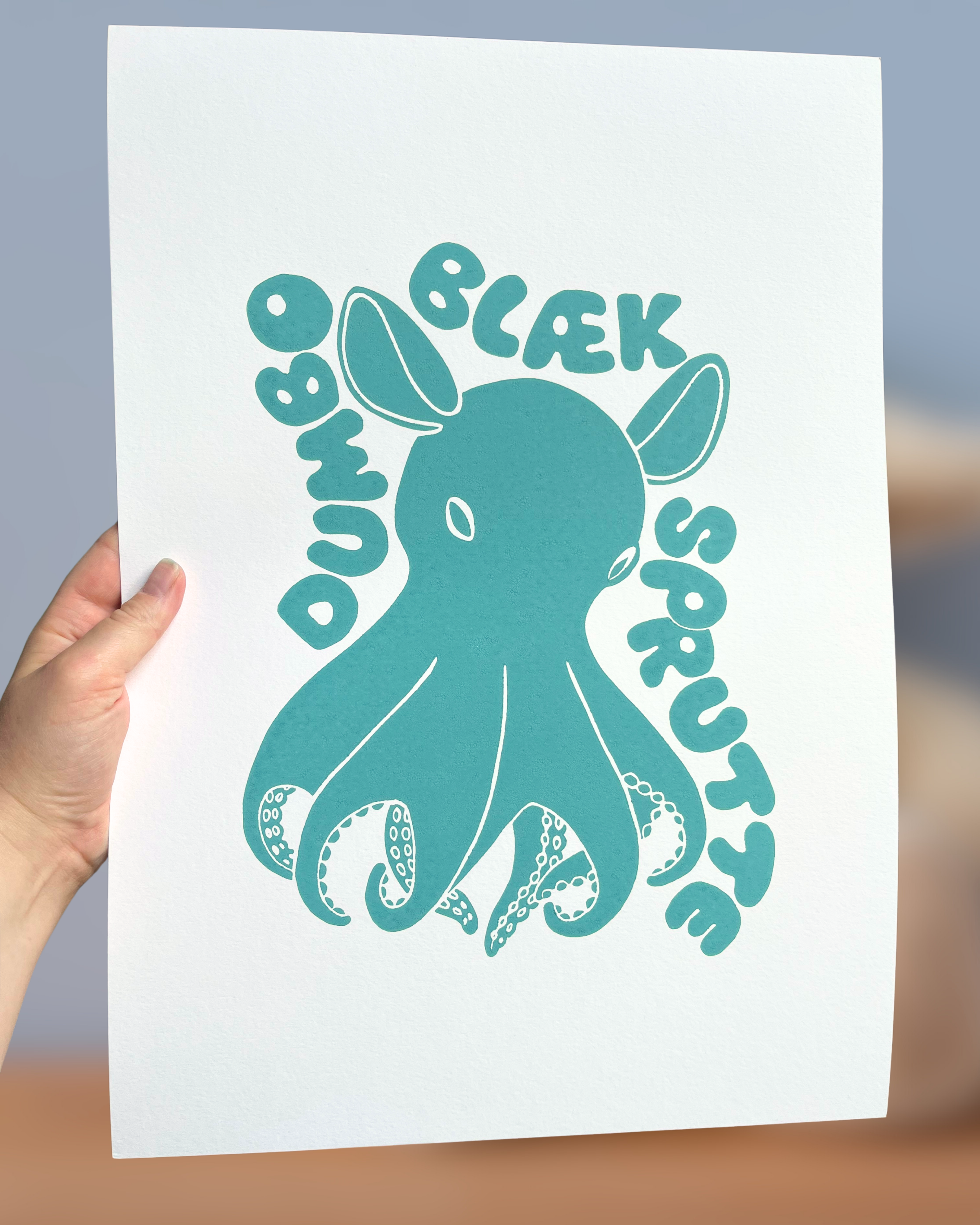 Dumbo-blæksprutte, originalt linoleumstryk, flere farver, A3