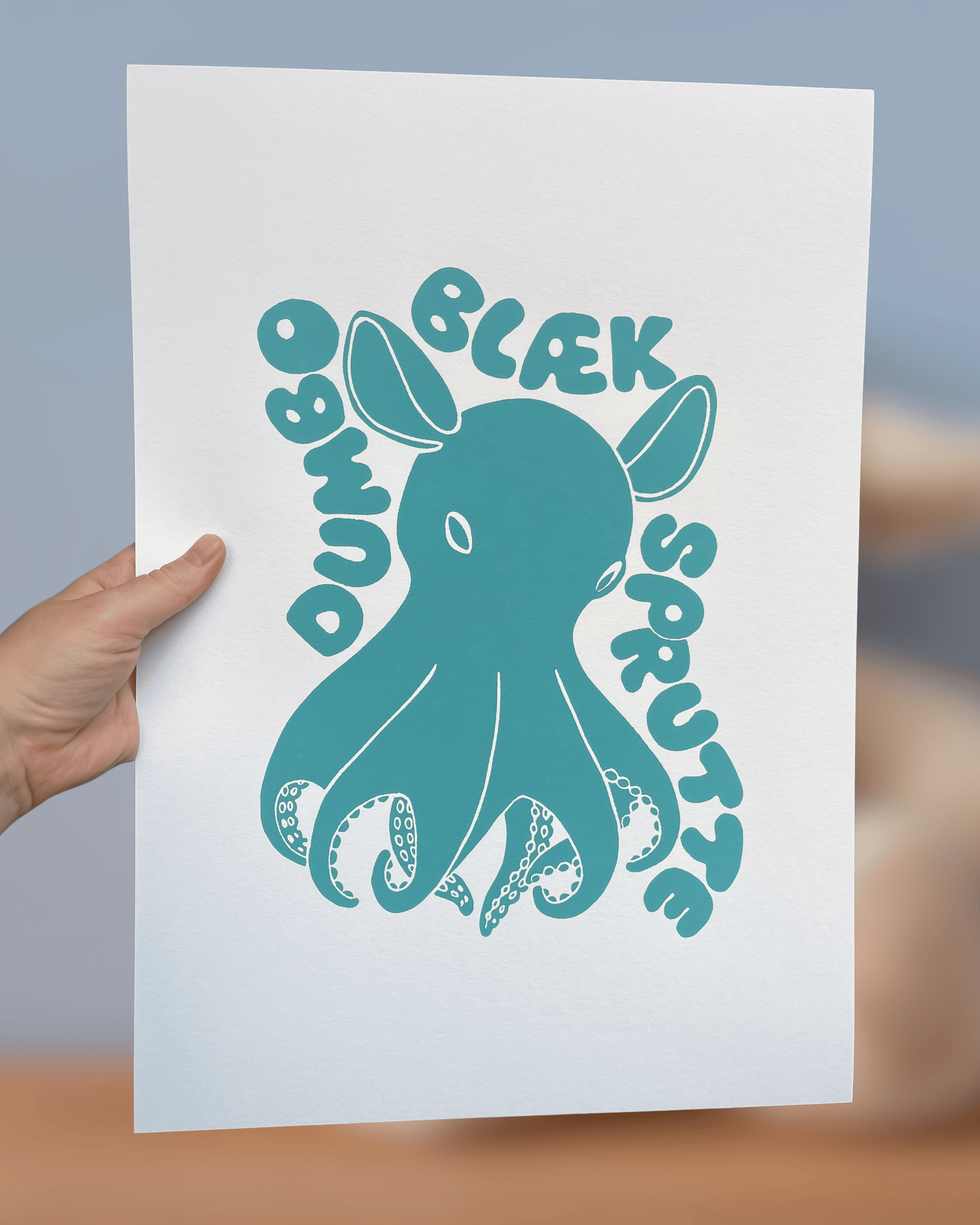 Dumbo-blæksprutte, originalt linoleumstryk, flere farver, A3