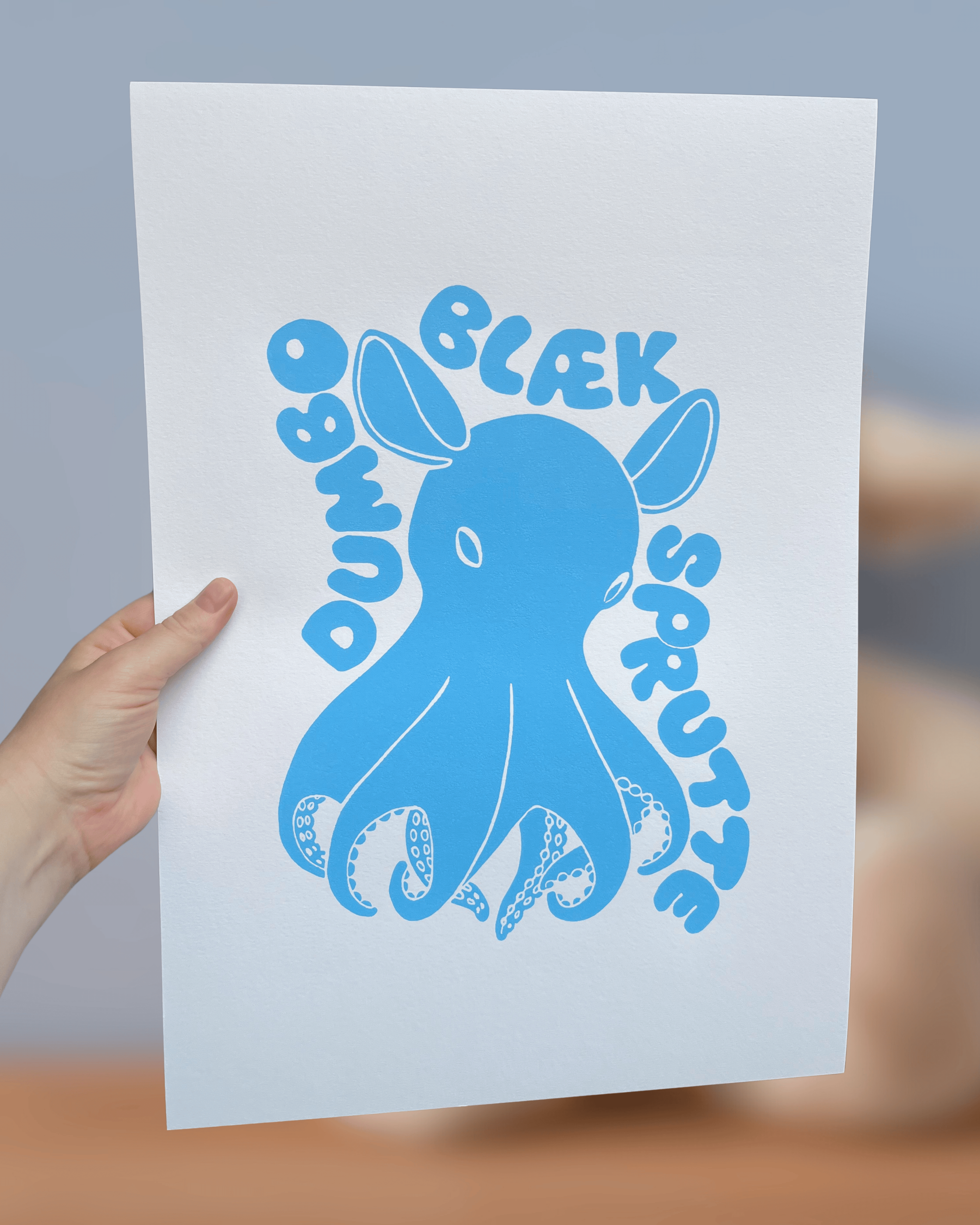 Dumbo-blæksprutte, originalt linoleumstryk, flere farver, A3