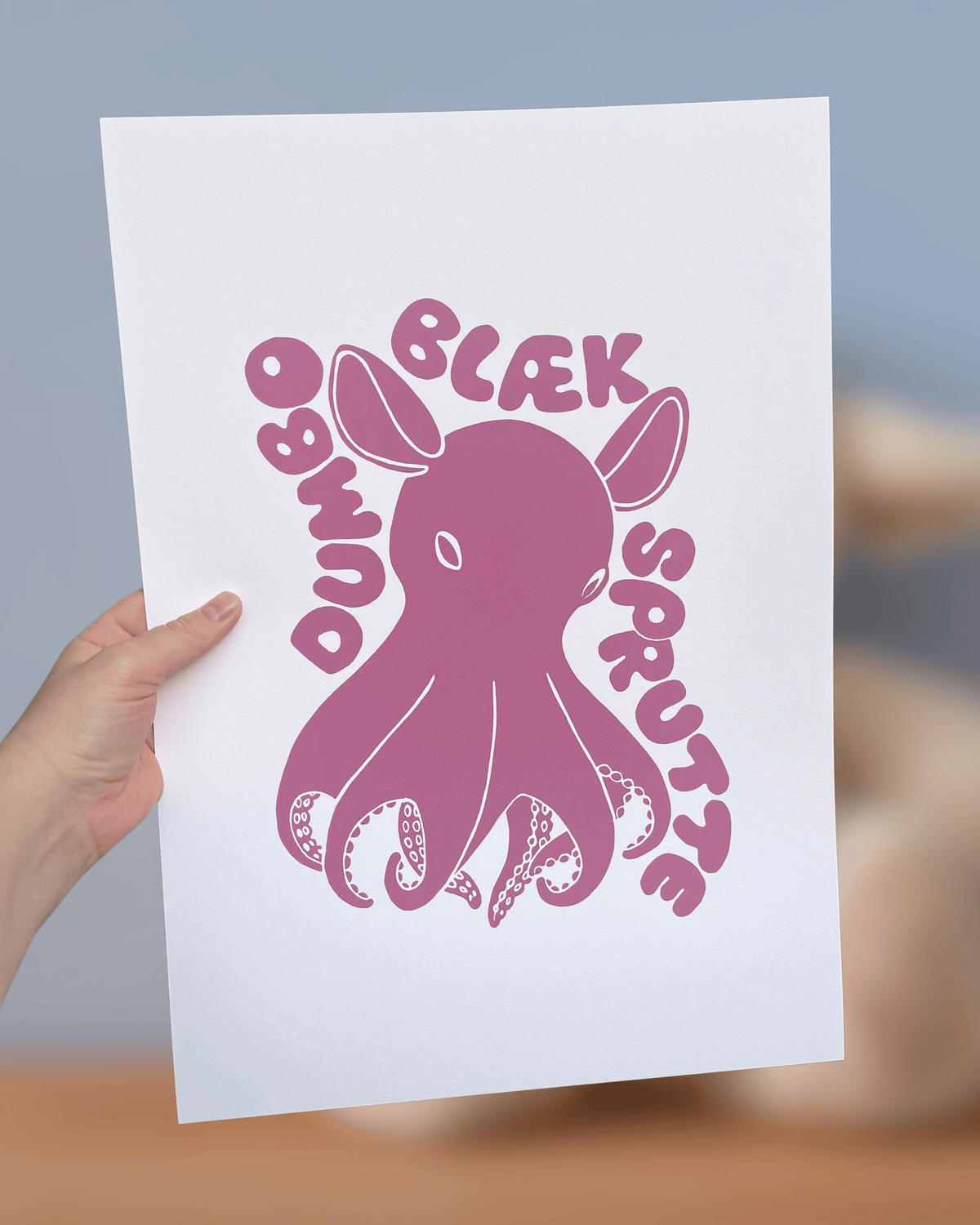 Dumbo-blæksprutte, originalt linoleumstryk, flere farver, A3