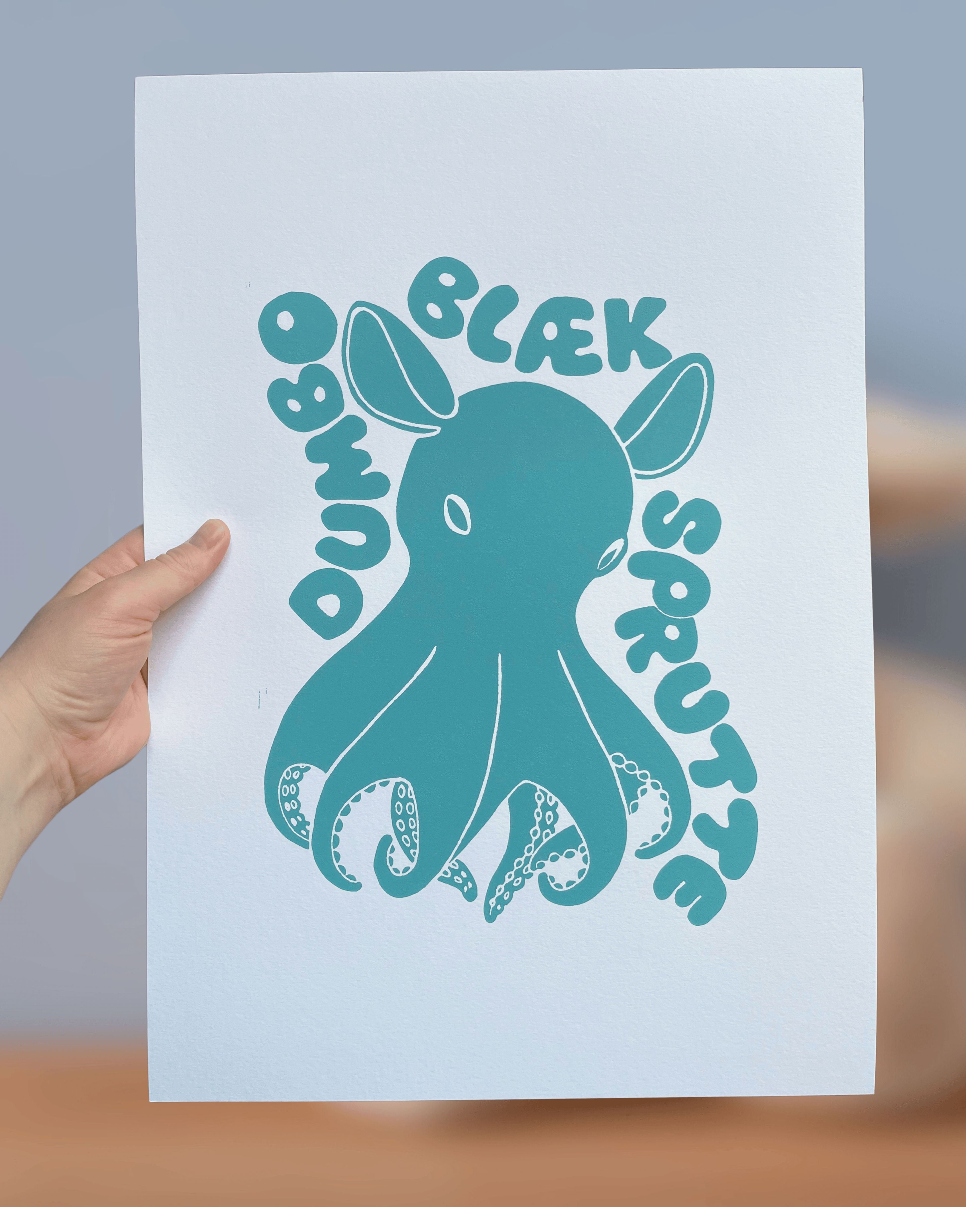 Dumbo-blæksprutte, originalt linoleumstryk, flere farver, A3