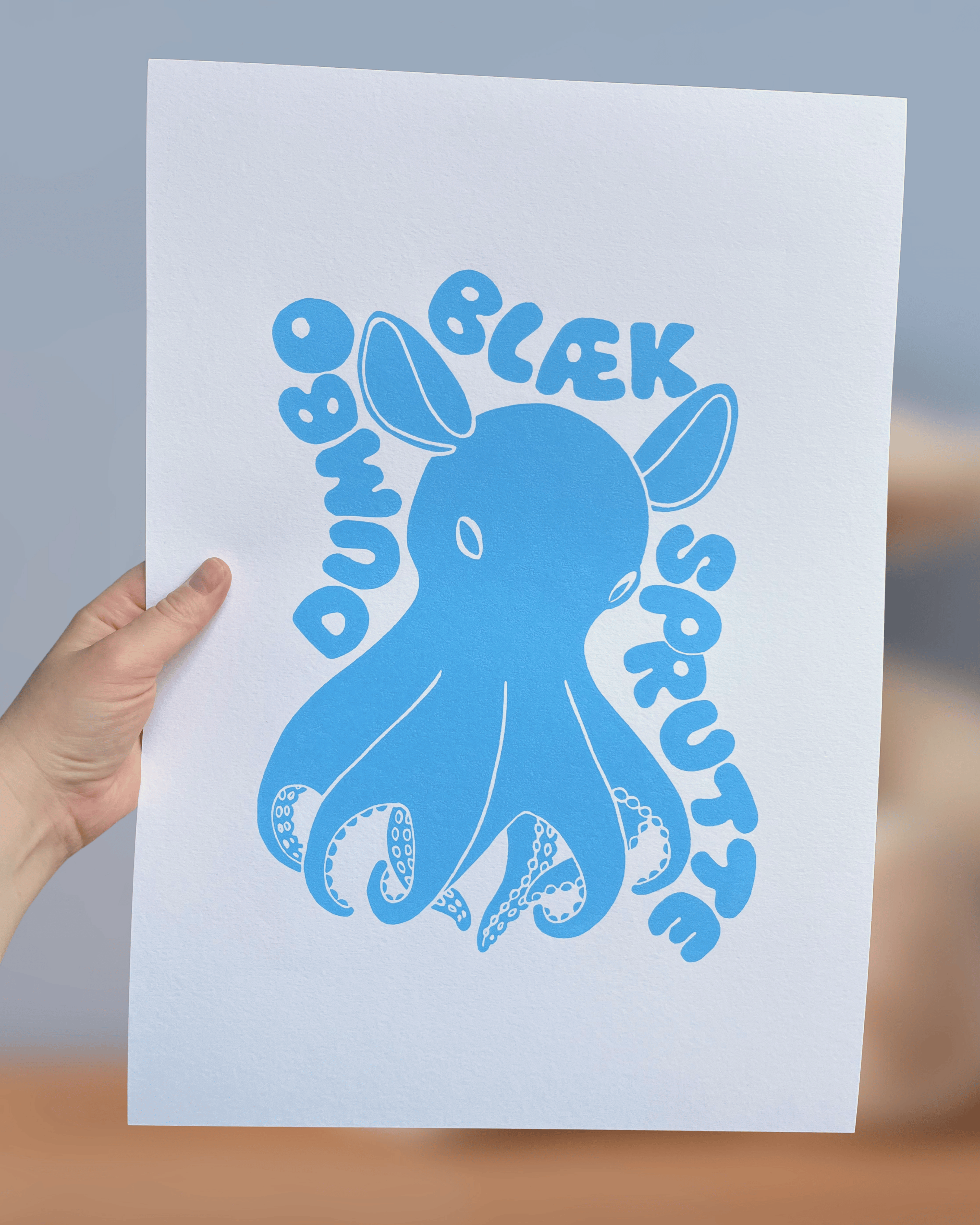 Dumbo-blæksprutte, originalt linoleumstryk, flere farver, A3