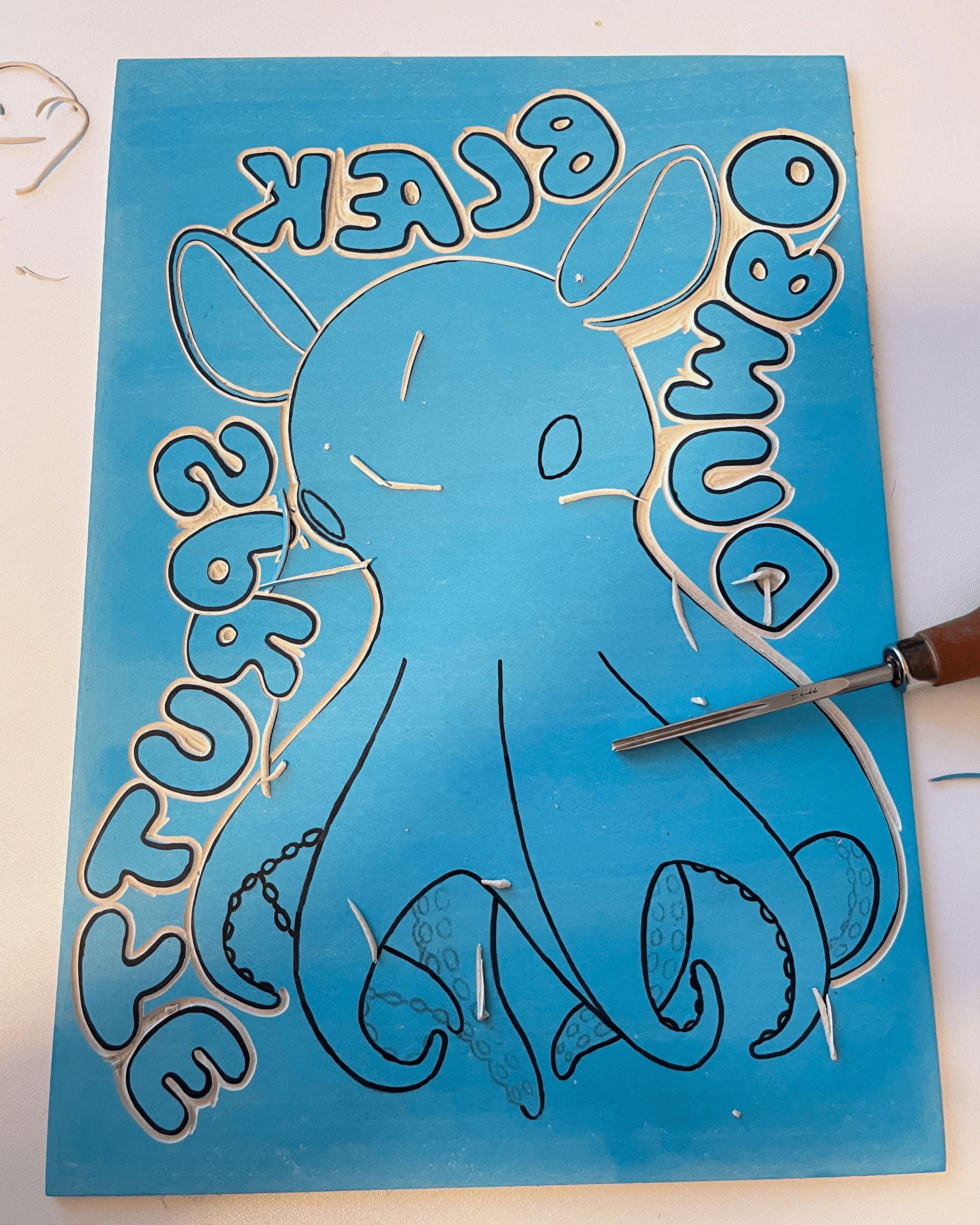 Dumbo-blæksprutte, originalt linoleumstryk, flere farver, A3