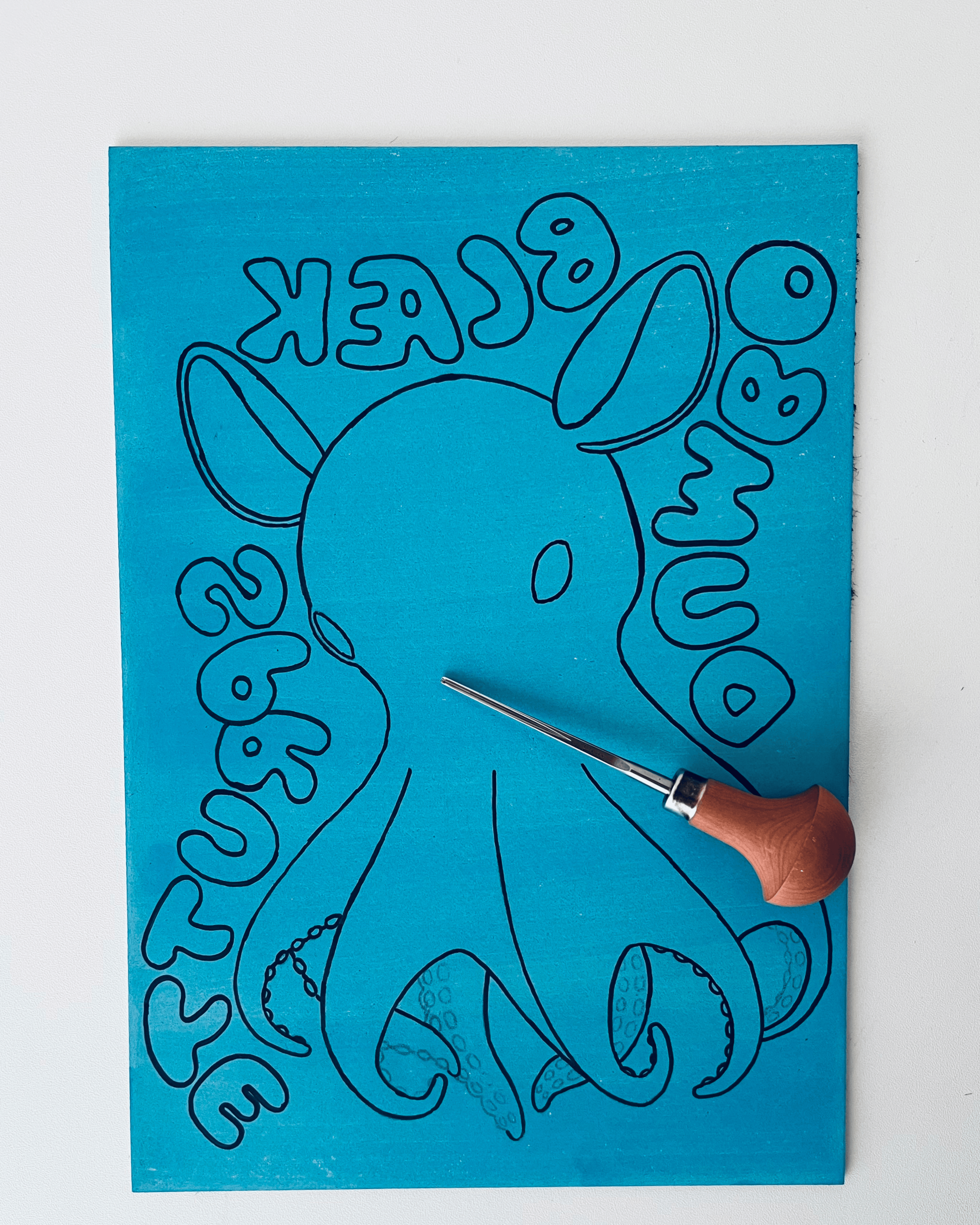 Dumbo-blæksprutte, originalt linoleumstryk, flere farver, A3