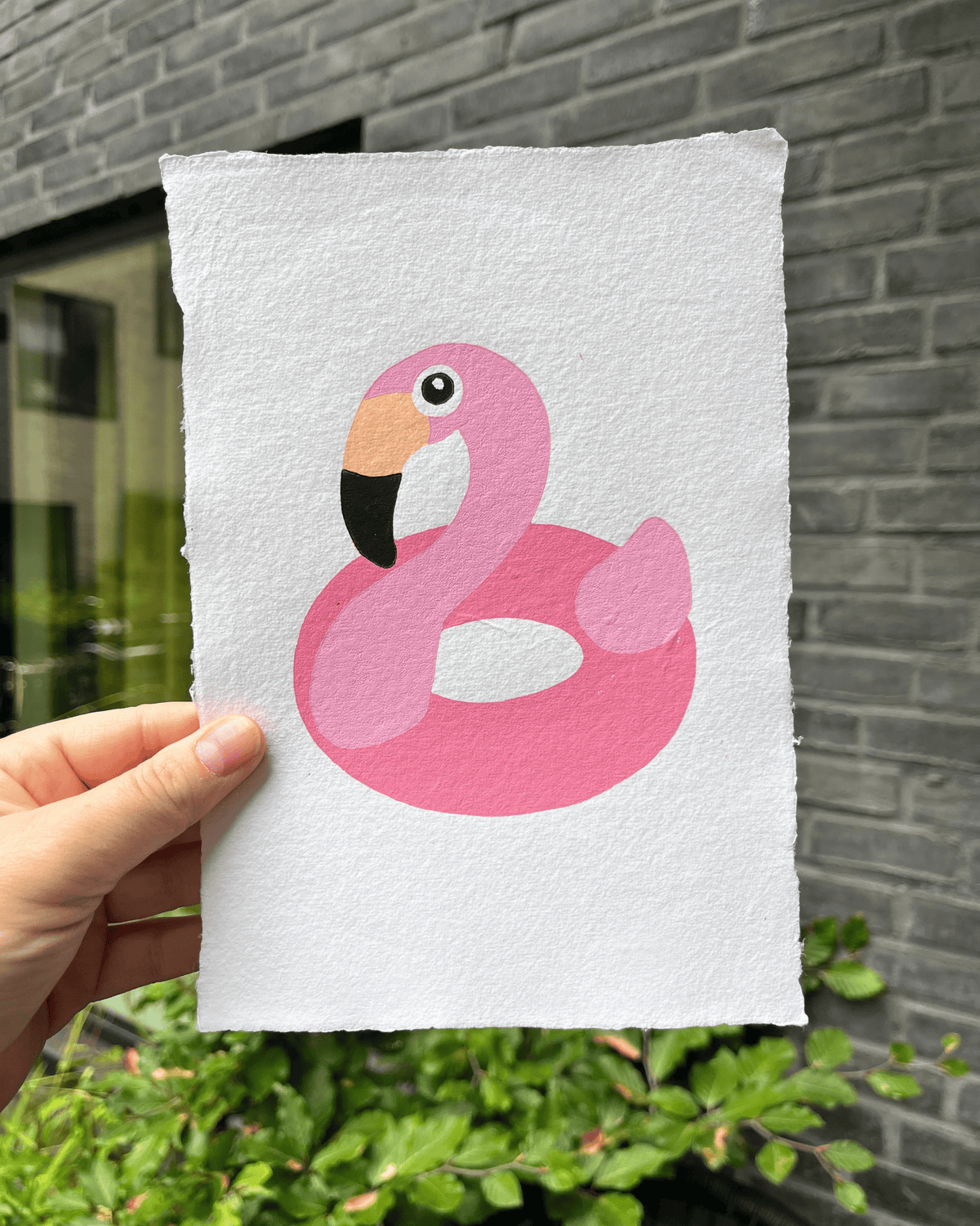 Flamingo-badering, originalt linoleumstryk, A5