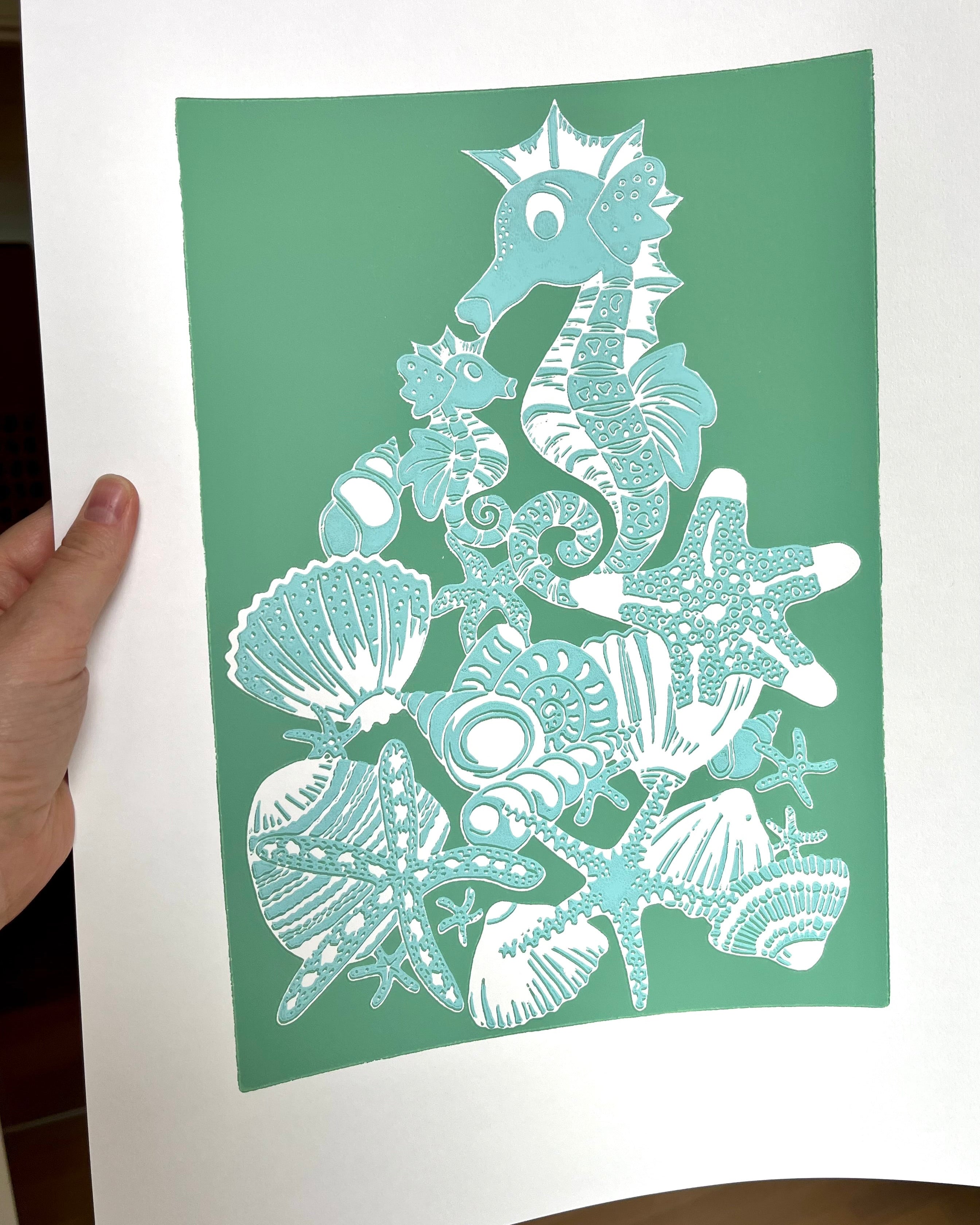 Søhestemor og baby, grøn og mintgrøn, A3