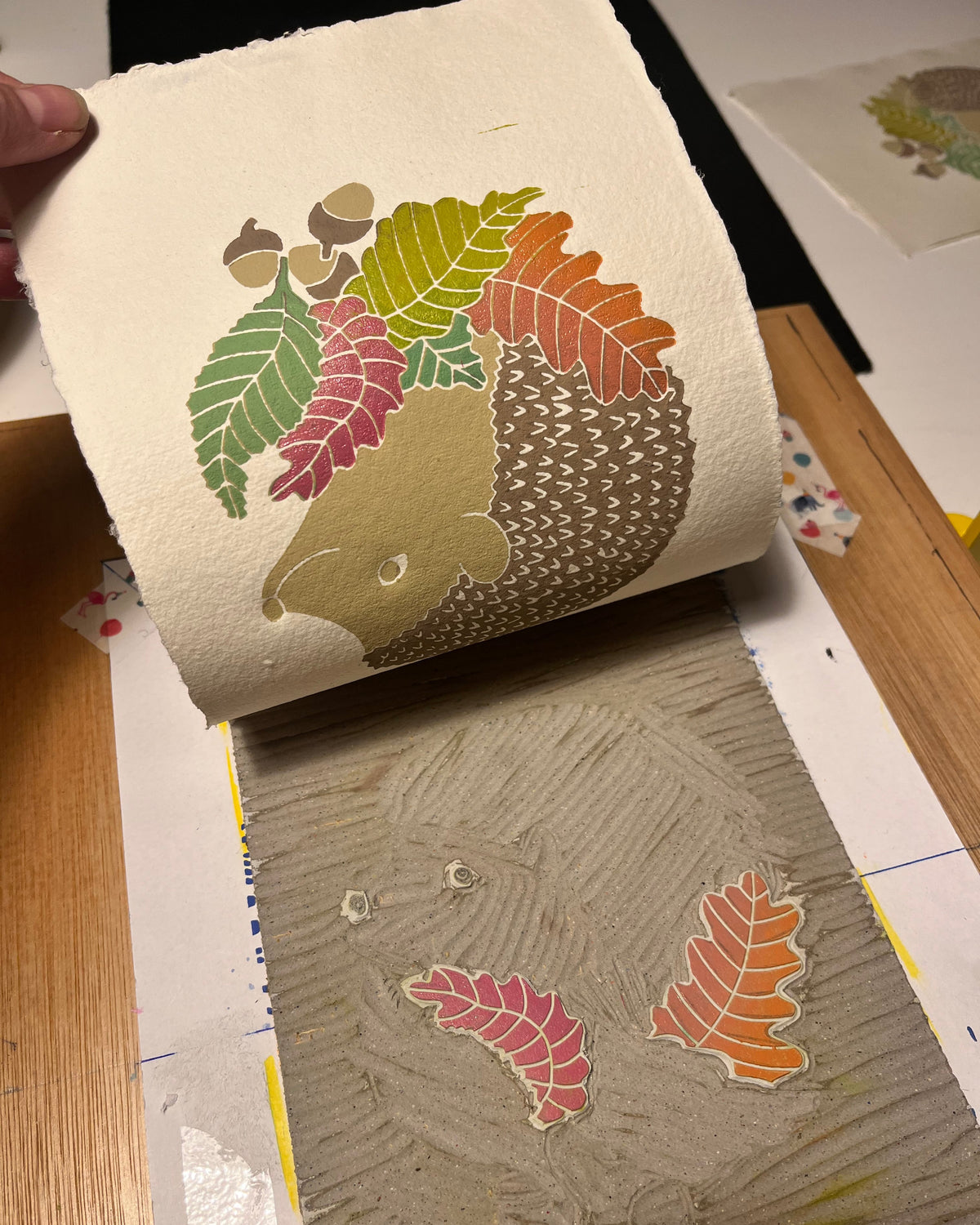 Pindsvin, originalt linoleumstryk, A5