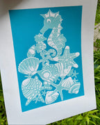 Søhestemor og baby, turkis og mintgrøn, A3