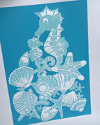 Søhestemor og baby, turkis og mintgrøn, A3