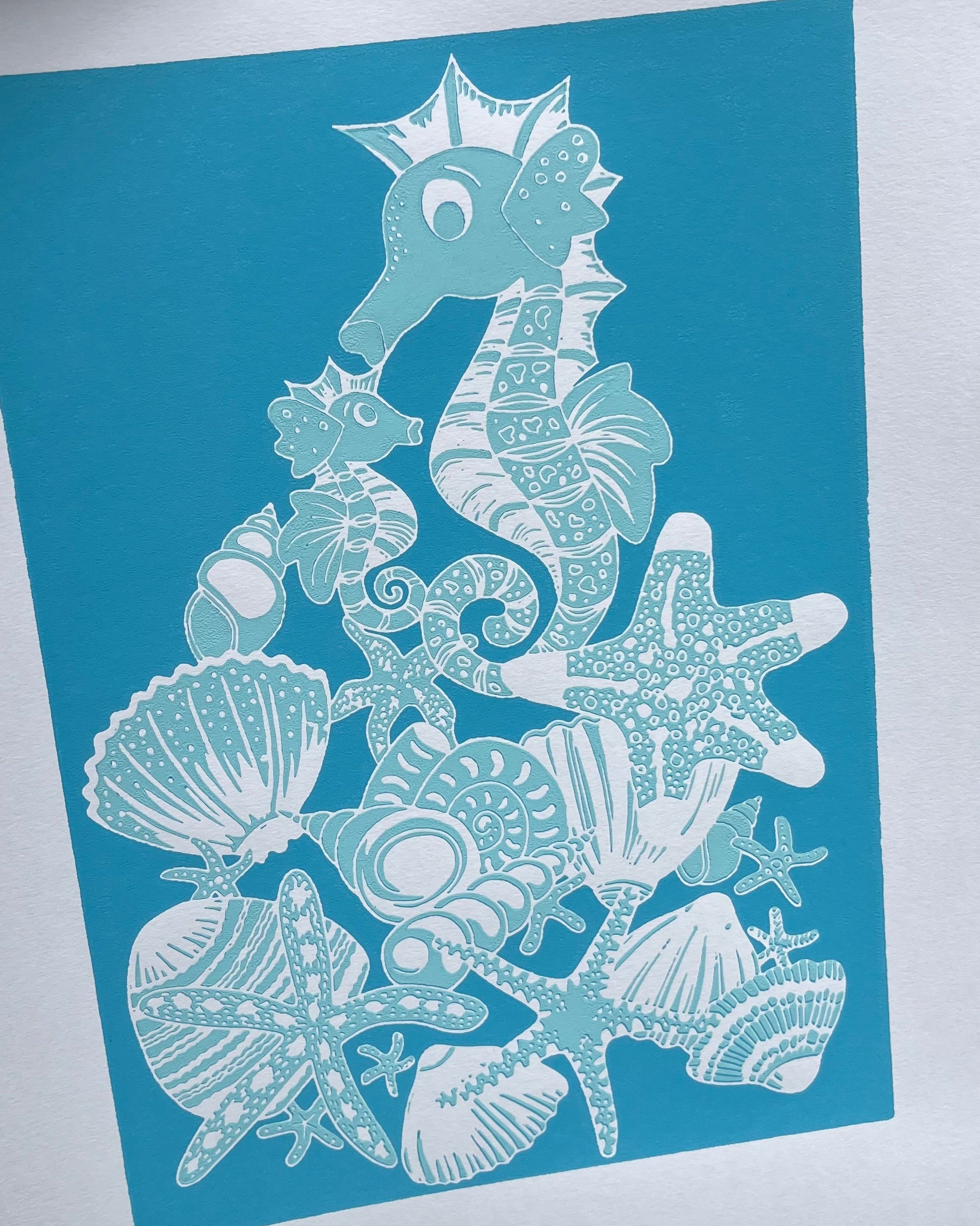 Søhestemor og baby, turkis og mintgrøn, A3