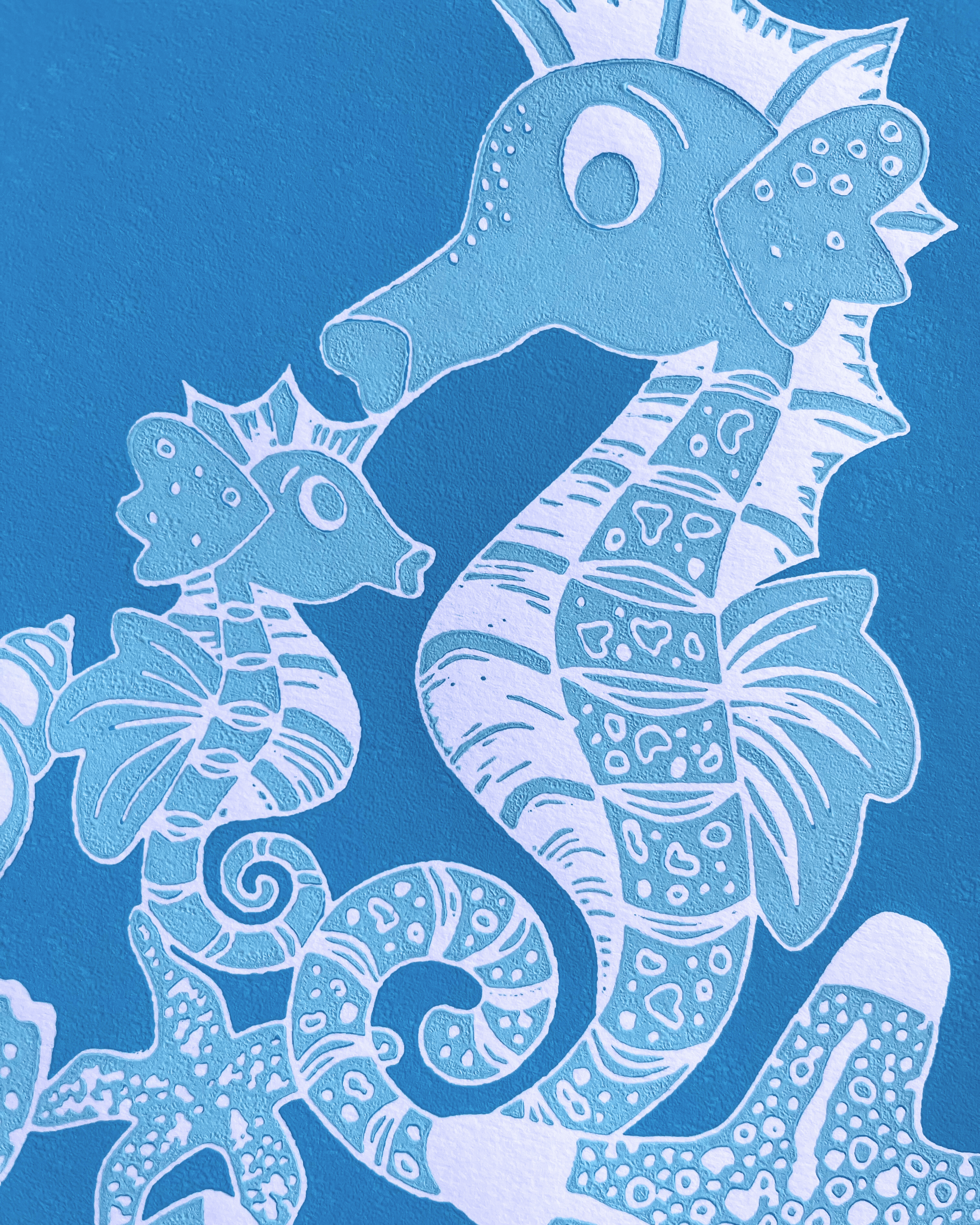 Søhestemor og baby, turkis og mintgrøn, A3