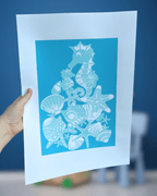 Søhestemor og baby, turkis og mintgrøn, A3