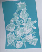 Søhestemor og baby, turkis og mintgrøn, A3